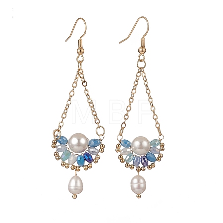 Natural Pearl & Glass Teardrop with Flower Dangle Earrings EJEW-TA00222-01-1