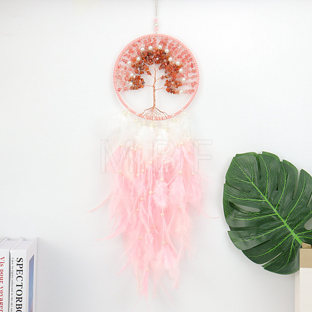 Wire Wrapped Natural Rose Quartz Chip Tree of Life Hanging Decoration PW-WG52224-05-1