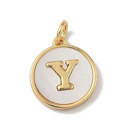 Brass Pave Natural Shell Flat Round with Letter Charms KK-Z115-13G-Y-1
