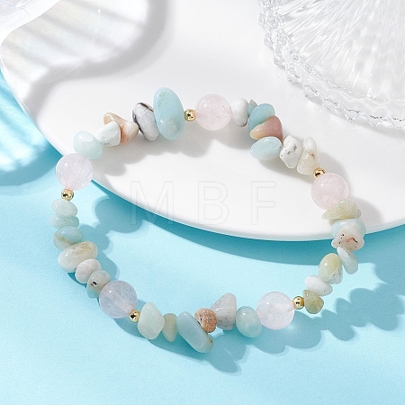 Round Natural Rose Quartz & Flower Amazonite Chips & Brass Beads Stretch Bracelets for Women BJEW-TA00715-1