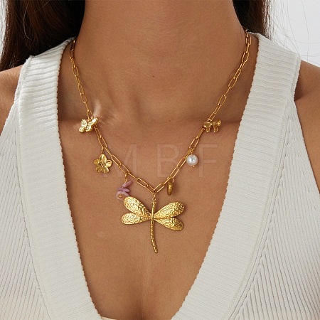 304 Stainless Steel Dragonfly Flower Bowknot Pendant Necklaces for Women SA-CBA364C-02G-1
