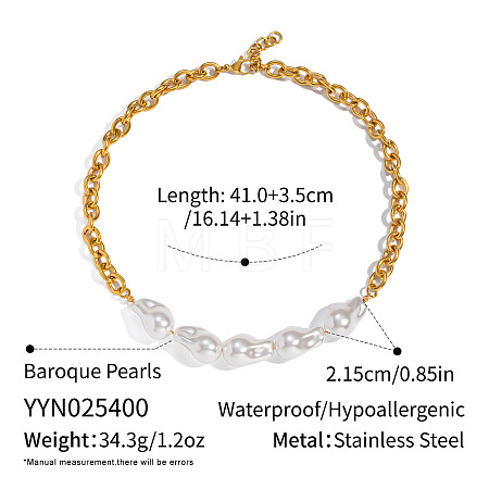 Elegant Imitation Baroque Pearl Nuggets Beaded 304 Stainless Steel Cable Chain Necklaces for Women UO7323-1