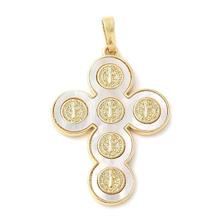 Brass Pave Natural White Shell Pendants KK-S522-01D-G-1