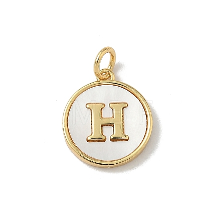 Brass Pave Natural Shell Flat Round with Letter Charms KK-Z115-13G-H-1