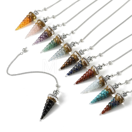 Resin Dowsing Pendulum Pendants with Natural & Synthetic Gemstone Chips inside and Iron Chain & Alloy Caps GG-CBAEAD2-01-1