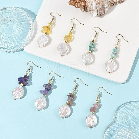 Natural Citrine/Natural Amethyst/Natural Rose Quartz/Natural Amazonite Chip & Natural Keshi Pearl Dangle Earrings EJEW-JE07445-1