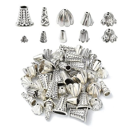 50Pcs 10 Styles Tibetan Style Bead Caps & Cone DIY-YW0008-48-1