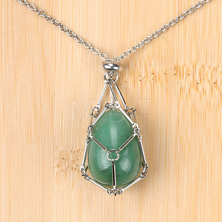 Natural Green Aventurine Easter Egg Cage Pendant 304 Stainless Steel Cable Chain Necklaces FS-WGA333C-17-1