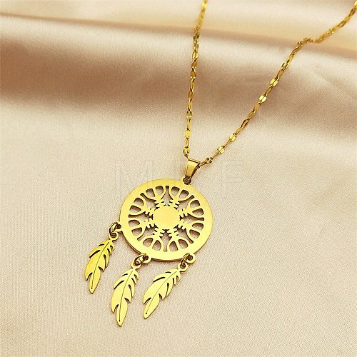 Woven Net/Web with Feather 304 Stainless Steel Boho Pendant Necklaces for Women NJEW-G087-08G-1