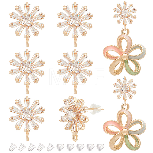 8Pcs Brass Pave Clear Cubic Zirconia Flower Stud Earrings Finding KK-BC0011-13-1