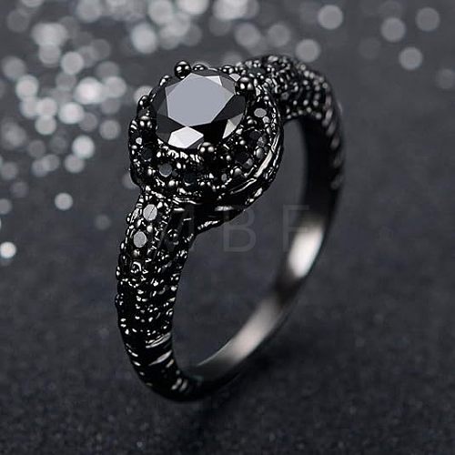 Flat Round Brass Jet Rhinestone Finger Rings FS-WG232E0-02-1