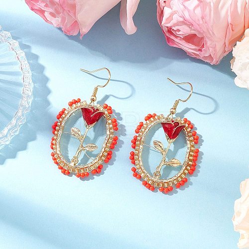 Valentine's Day Alloy Enamel Seed Glass Dangle Earrings EJEW-MZ00391-01-1