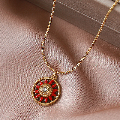 Vintage European Style 304 Stainless Steel Enamel Red Flower Pendant Necklaces for Women WS4572-1