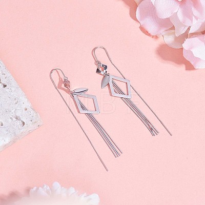 Anti-Tarnish Rhodium Plated 925 Sterling Silver Rhombus with Chain Tassel Dangle Earrings JE1048A-1