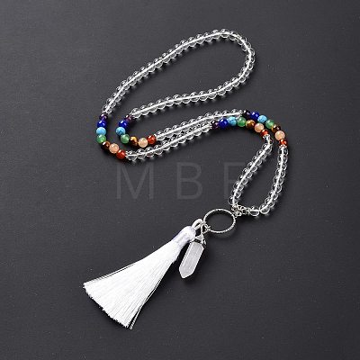 Natural Quartz Crystal Bullet & Tassel Pendant Necklace with Mixed Gemstone Beaded Chains NJEW-E585-02G-1