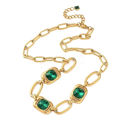 304 Stainless Steel Glass Green Rectangle Link Chain Necklaces for Women SA-CBA8C9C-10G-1