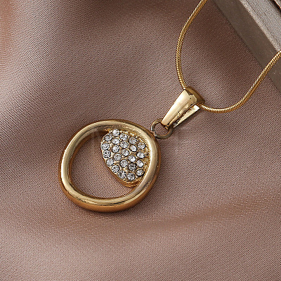 304 Stainless Steel Crystal Rhinestone Ring Pendant Necklaces for Women AQ7220-1