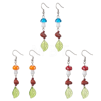3 Pairs Lampwork Mushroom Dangle Earrings EJEW-JE06714-1