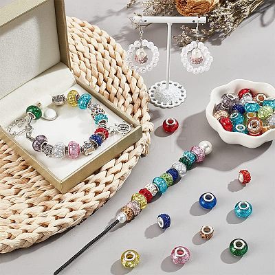  100Pcs 2 Style Polymer Clay Rhinestone & Resin European Large Hole Beads with Silver Color Plated Brass Cores FPDL-NB0001-04-1