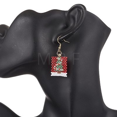 Rectangle with Christmas Tree Glass Seed Bead with 304 Stainless Steel Dangle Earrings EJEW-MZ00535-1