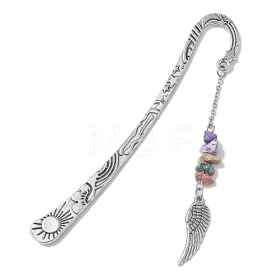 Natural Gemstone & Glass Chip Pendant Bookmark with Alloy Wing AJEW-JK00241-1