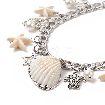 Synthetic Turquoise Starfish & Natural Shell & Shell Pearl Charm Bracelet BJEW-TA00217-1