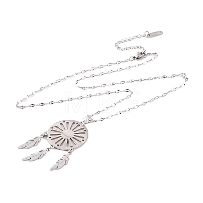 Non-Tarnish Woven Net/Web with Feather 304 Stainless Steel Pendant Necklaces for Women NJEW-G087-05P-1