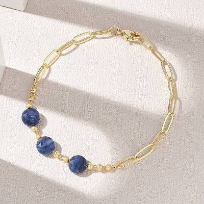 Natural Sodalite Faceted Flat Round Beaded Brass Paperclip Chain Bracelets GG-CBA37F5-02G-13-1