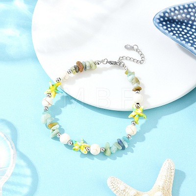 Dyed Synthetic Turquoise Starfish & Natural Flower Amazonite Chip Beaded Anklets with 304 Stainless Steel End Chains AJEW-AN00733-03-1