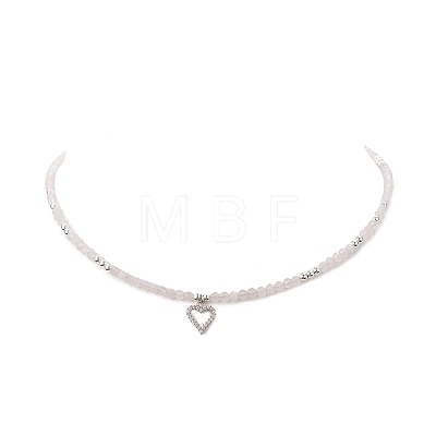 Clear Cubic Zirconia Heart Pendant Necklace with Natural Rose Quartz Beaded Chains for Women NJEW-JN04271-02-1
