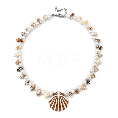 Ocean Natuarl Spiral Shell & Baking Paint Glass Pearl Round Beaded Opaque Acrylic Pendant Necklaces NJEW-JN06306-02-1