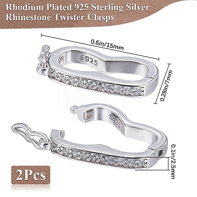 Anti-Tarnish 2Pcs Rhodium Plated 925 Sterling Silver Rhinestone Peanut Twister Clasps STER-BBC0006-43-1