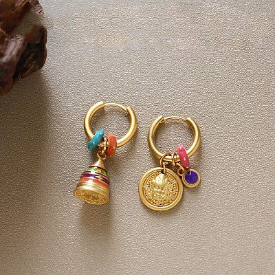 Brass Enamel Bell & Flat Round Hoop Dangle Earrings WG847A7-01-1