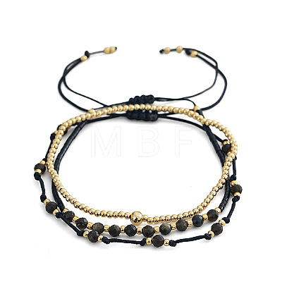 3Pcs 3 Styles Natural Golden Sheen Obsidian & Brass Round Beads Adjustable Bracelets & Brass Round Beads Stretch Braclets for Women TQ6408-3-1