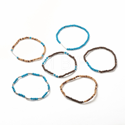 6Pcs 6 Style Natural Coconut & Synthetic Turquoise Beaded Stretch Anklets Set with Brass Tube AJEW-AN00482-1