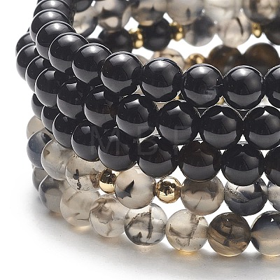 5Pcs 5 Style Natural Mixed Gemstone Round Beaded Stretch Bracelets Set BJEW-JB08829-1