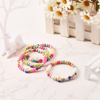 Natural Wood Round Beads Stretch Bracelets for Kid BJEW-JB06640-1