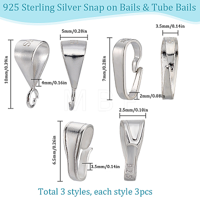 SUNNYCLUE 9Pcs 3 Styles 925 Sterling Silver Snap on Bails & Tube Bails STER-SC0001-33-1