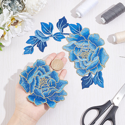  2Pcs 2 Style Peony Polyester Embroidery Sew on Clothing Patches PATC-NB0001-11B-1