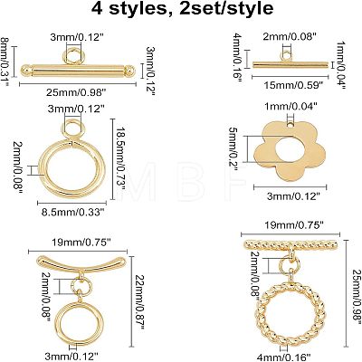 8Sets 4 Style Brass Toggle Clasps KK-CA0001-55G-1