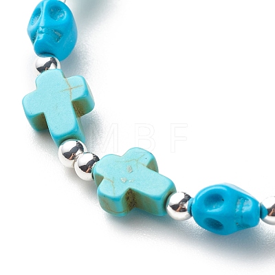 Synthetic Turquoise(Dyed) Cross & Skull Beaded Stretch Bracelet BJEW-JB08451-04-1