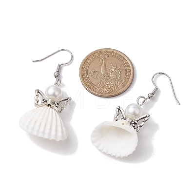 Angel Spiral Shell & Glass Pearl Dangle Earrings EJEW-JE05838-1