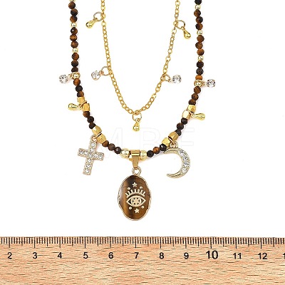 Natural Tiger Eye Oval Pendant Brass Cable Chain Double Layer Necklaces for Women NJEW-JN06196-1