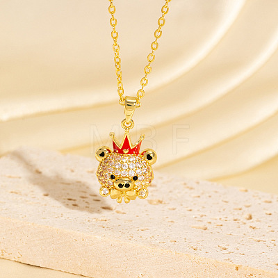 Brass Micro Pave Clear Cubic Zirconia and Enamel Bear with Red Crown Pendant Necklaces for Women WGF3CC5-01-1