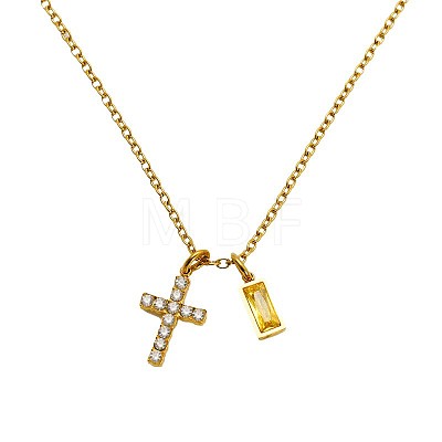 304 Stainless Steel Pave Cubic Zirconia November Birth Stone Religion Cross and Rectangle Pendant Necklaces WG51992-05-1