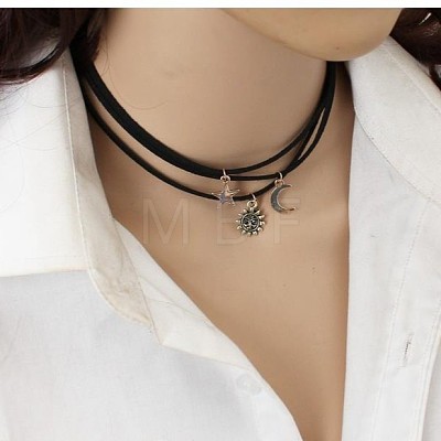 3Pcs 3 Styles Moon Star Sun Alloy Pendant Faux Suede Cord Multi-Strand Choker Necklaces for Women FS-WG071C8-01-1