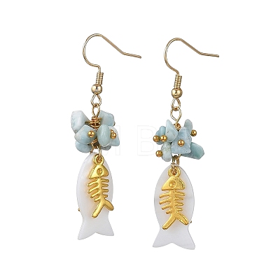 Fish Natural Shell & Natural Larimar Chips Dangle Earrings EJEW-JE07166-1