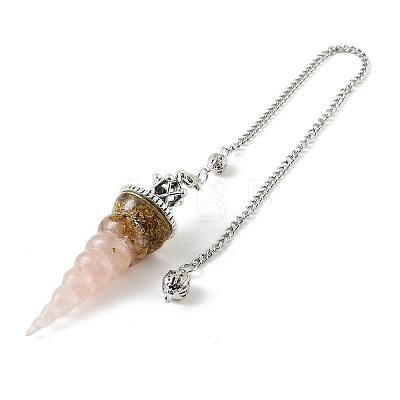 Resin Dowsing Pendulum Pendants with Natural Rose Quartz Chips inside and Iron Chain & Alloy Caps GG-CBAEAD2-01A-1