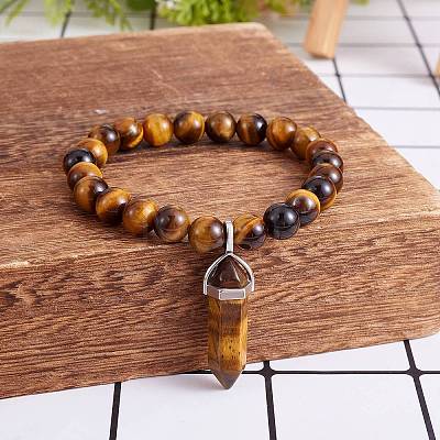 Natural Tiger Eye Stretch Bracelet with Bullet Shape Charm BJEW-SZ0002-56B-1