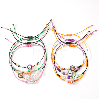 8Pcs Halloween Handmade Polymer Clay & Glass Seed Bead Woven Braided Bracelets MC3836-1